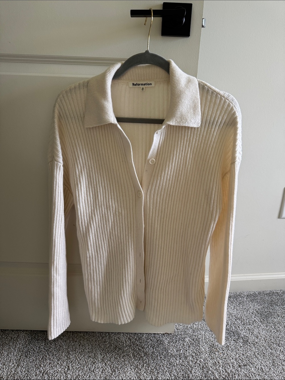 Reformation Ivory Ribbed Button-Up Cardigan